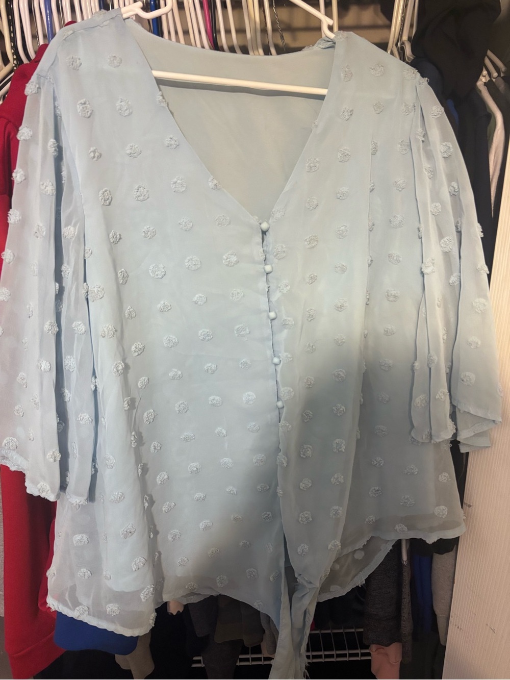 Light Blue Women's V-Neck Textured Button Blouse